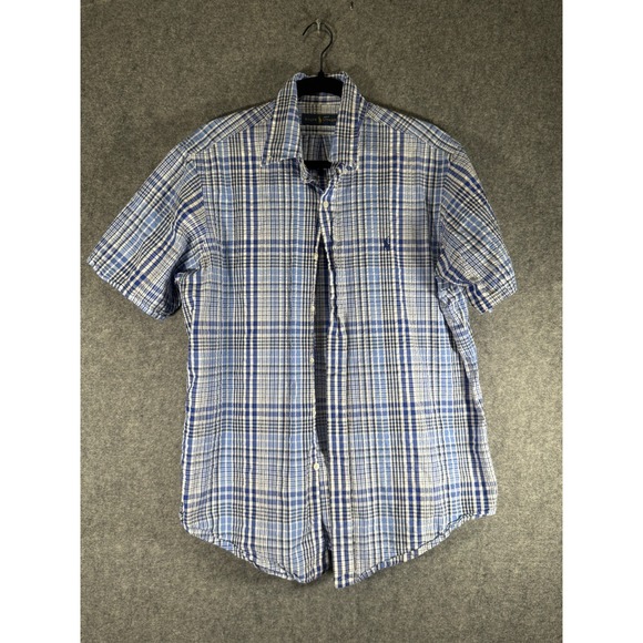 Ralph Lauren Shirt Men Large Short Sleeve Blue Sear Sucker Button Front Preppy - Picture 1 of 6